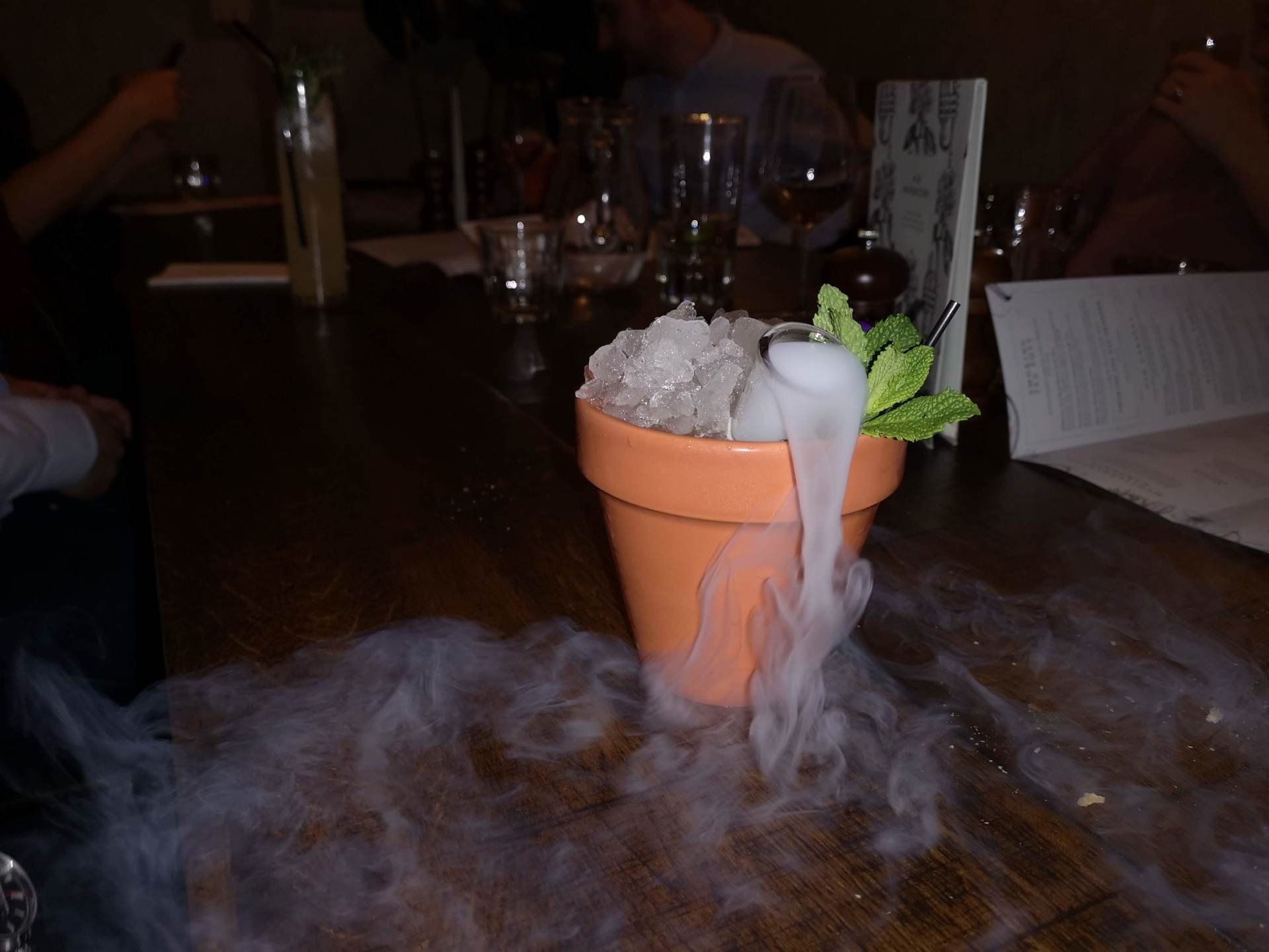 A potted plant with ice and smoke coming out of it