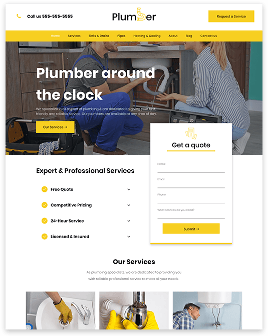 A website for a plumber shows a man fixing a sink