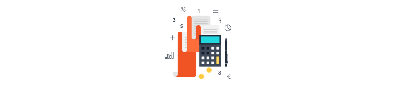 An illustration of a hand holding a calculator and a pen.