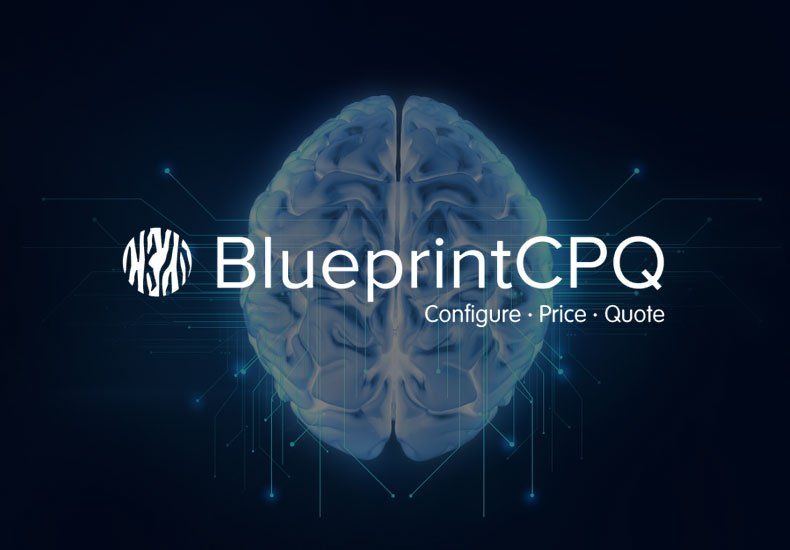 A blueprint cpq logo with a brain in the background