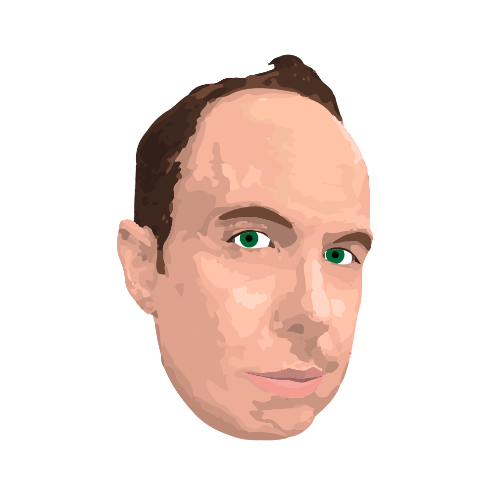 A pixel art drawing of a man 's face with green eyes