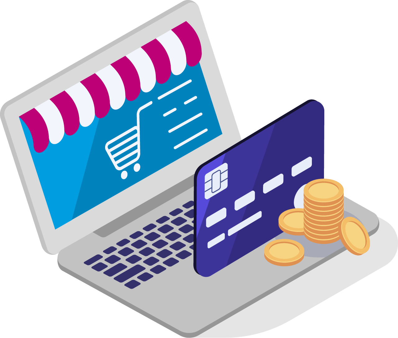 A laptop with a credit card and coins on it