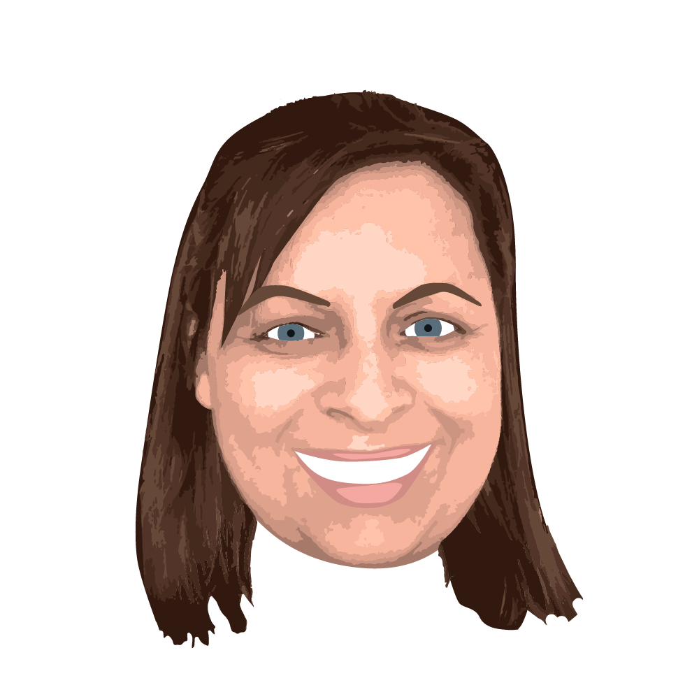 A pixel art drawing of a woman 's face smiling