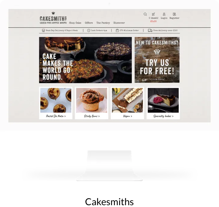 A computer screen displays a website for cakesmiths