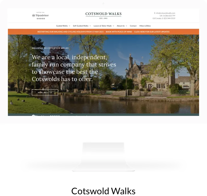 A computer screen displays a website for cotswold walks