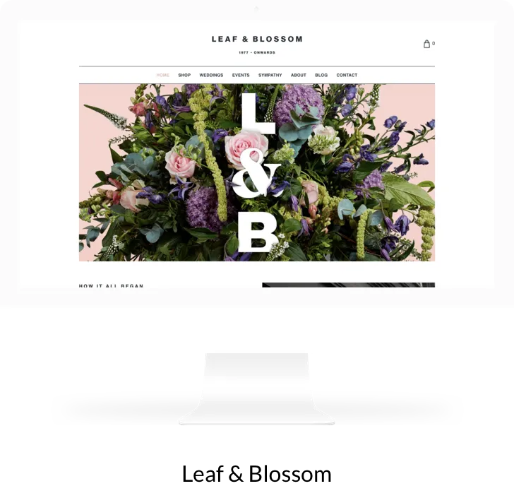A computer screen displays a website for leaf & blossom