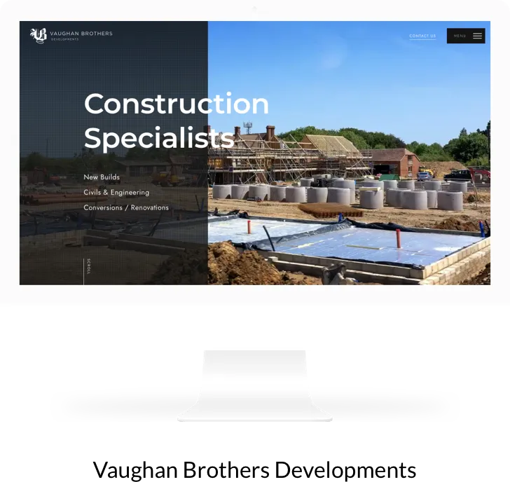A computer screen displays a construction specialists website