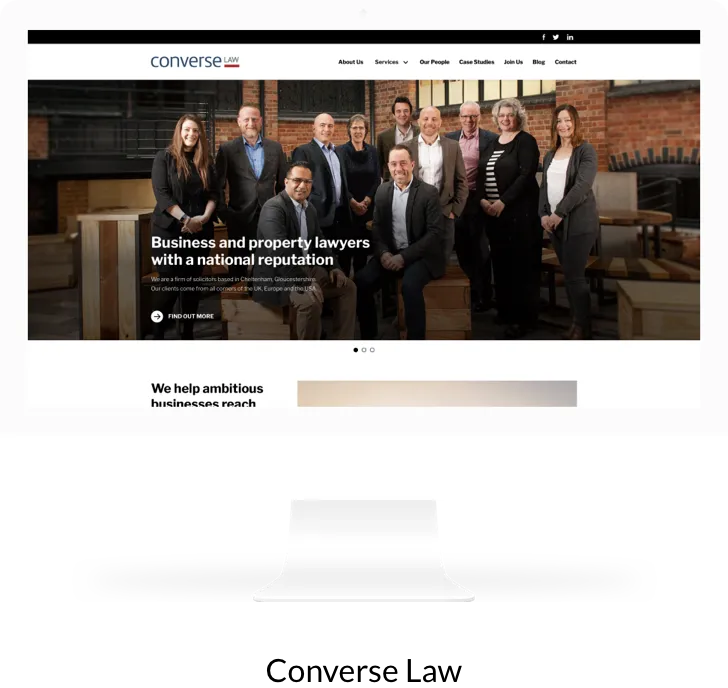 A converse law website shows a group of people posing for a picture