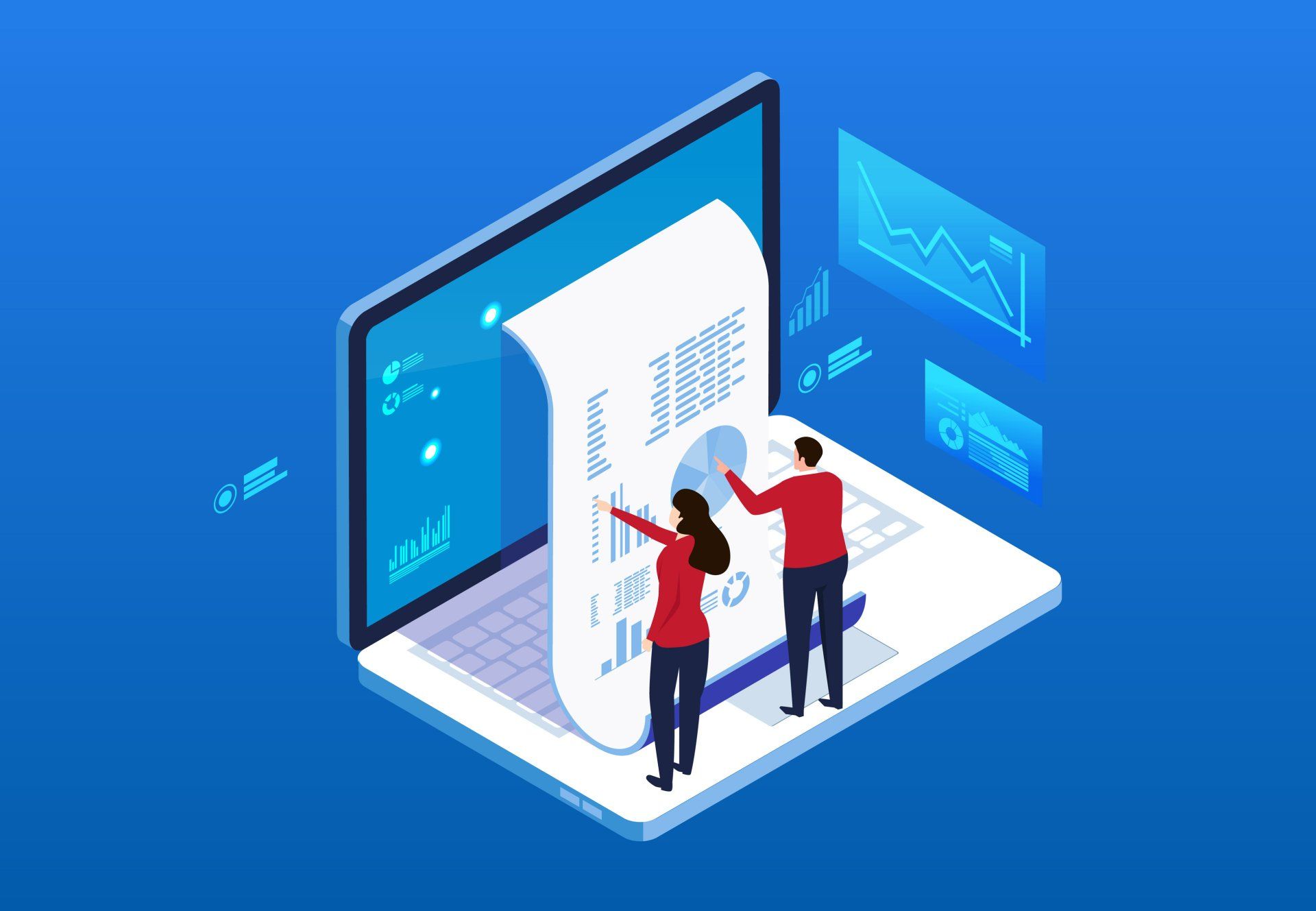An isometric illustration of two people working on a laptop