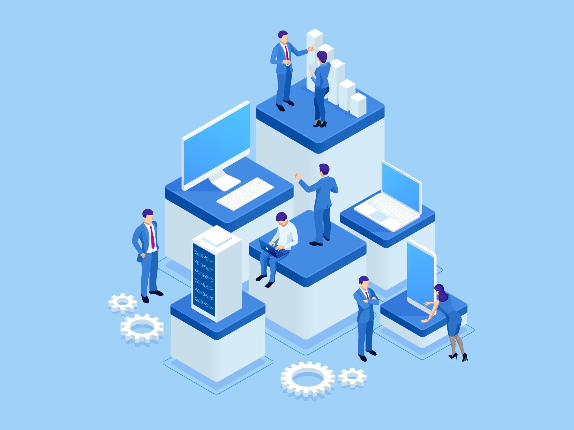 An isometric illustration of a group of people working on computers