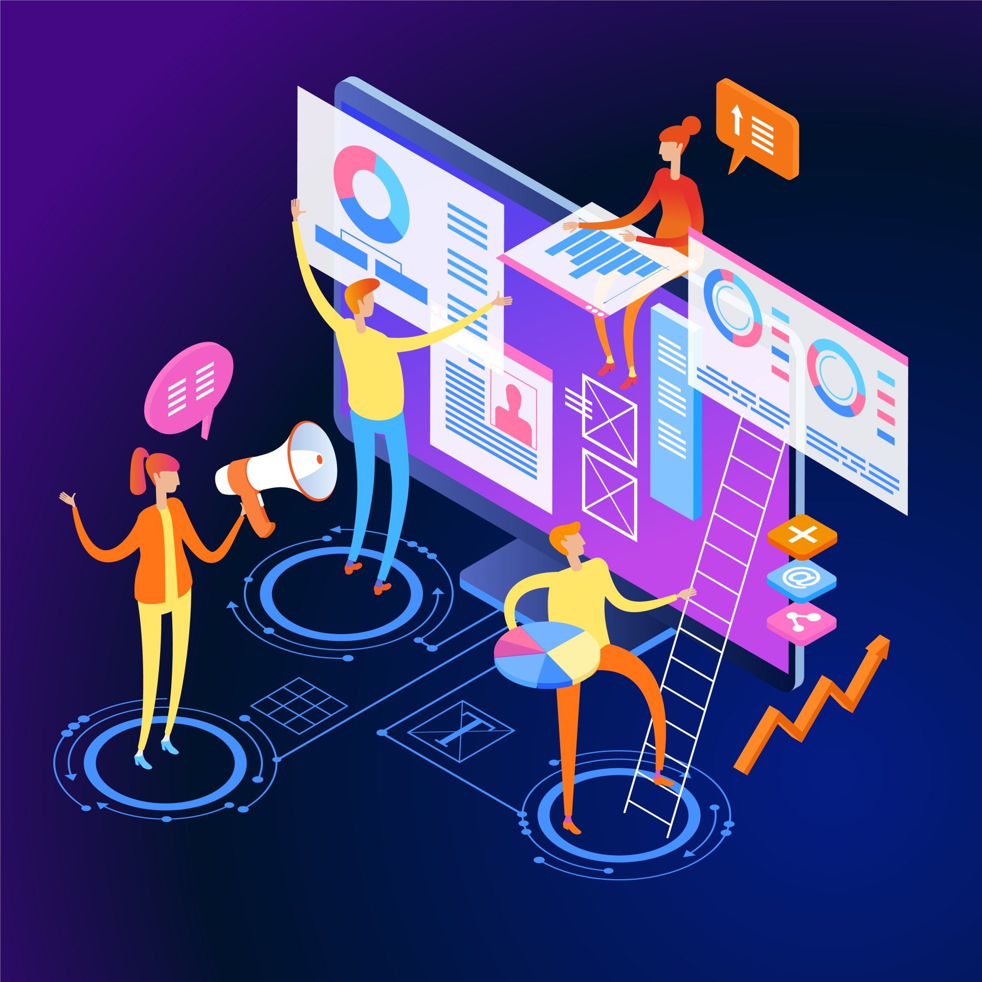 An isometric illustration of people working on a computer