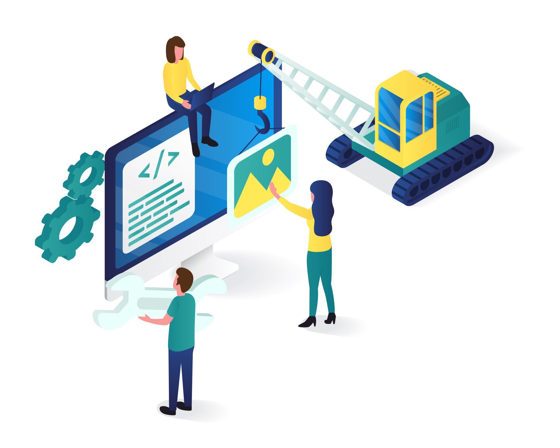 An isometric illustration of people working on a computer