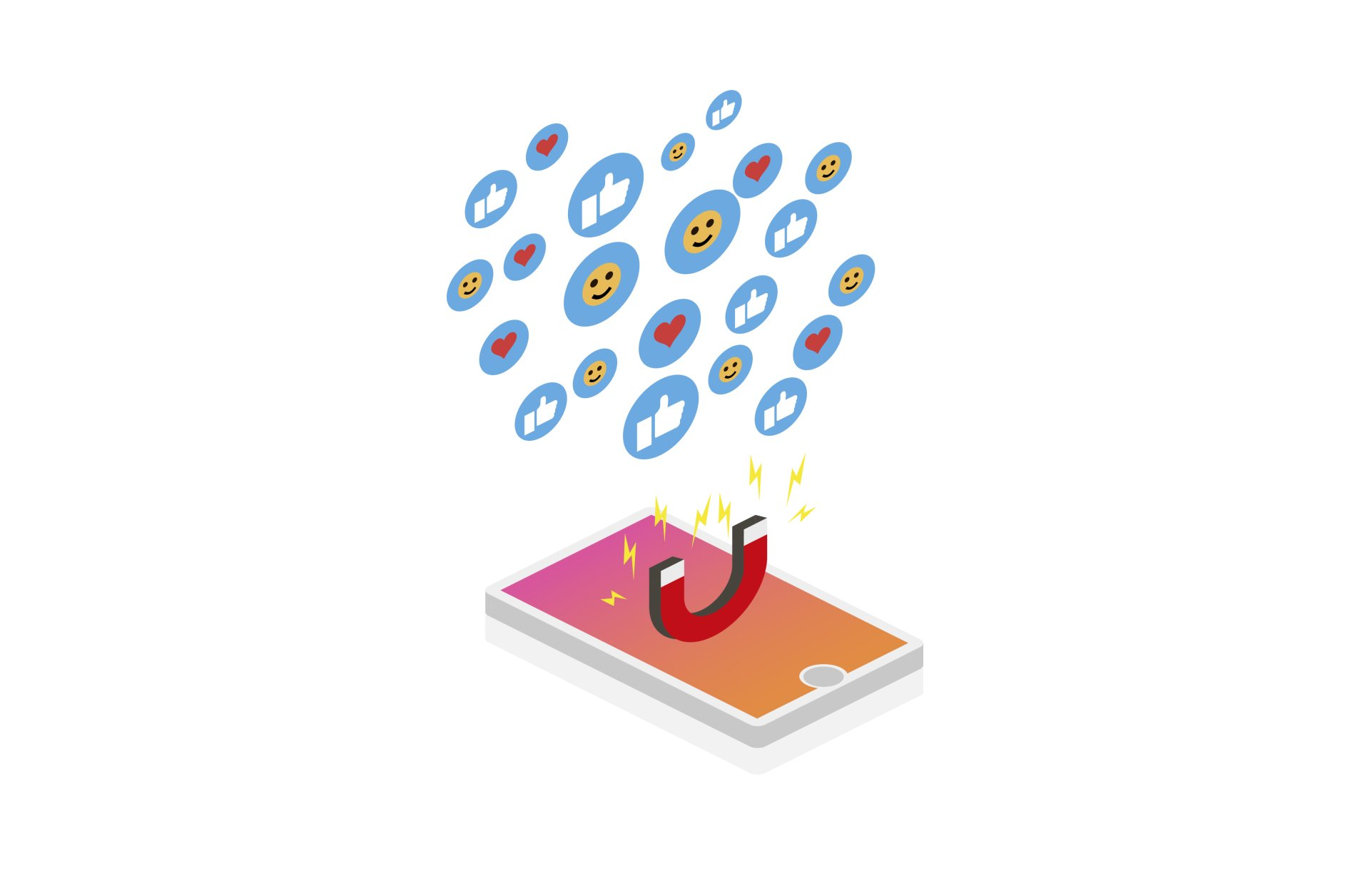 An isometric illustration of a cell phone with a magnet attracting social media icons.