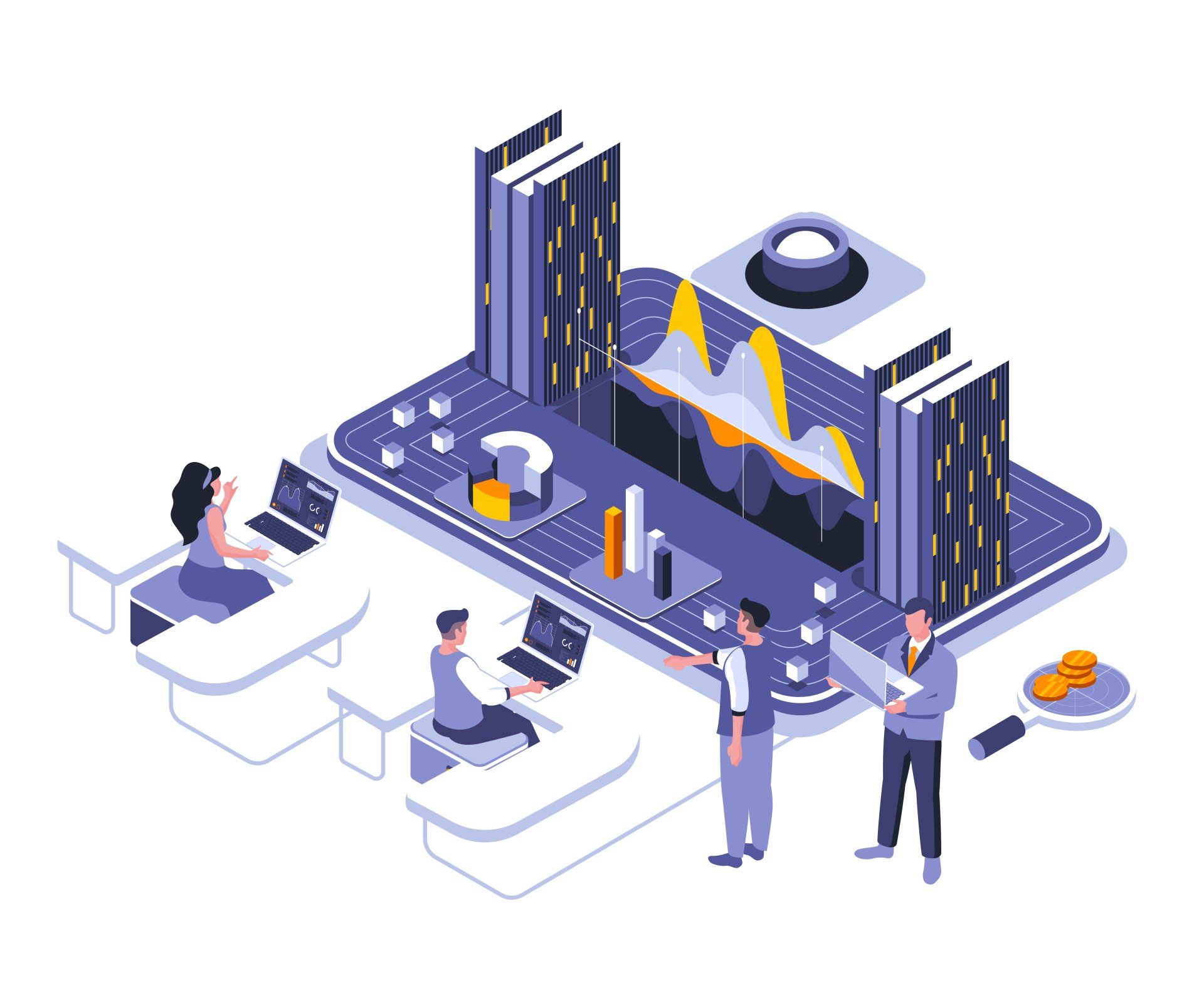 An isometric illustration of a group of people working on laptops