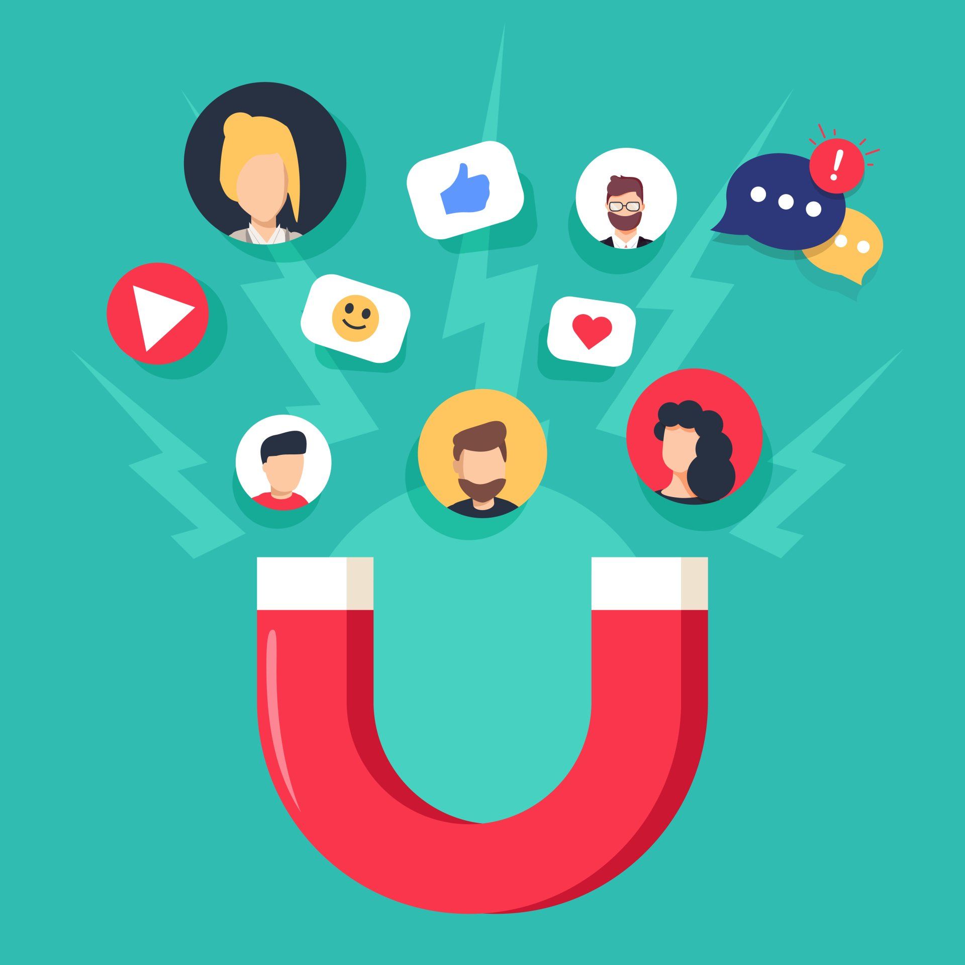 An illustration of a magnet attracting people with social media icons