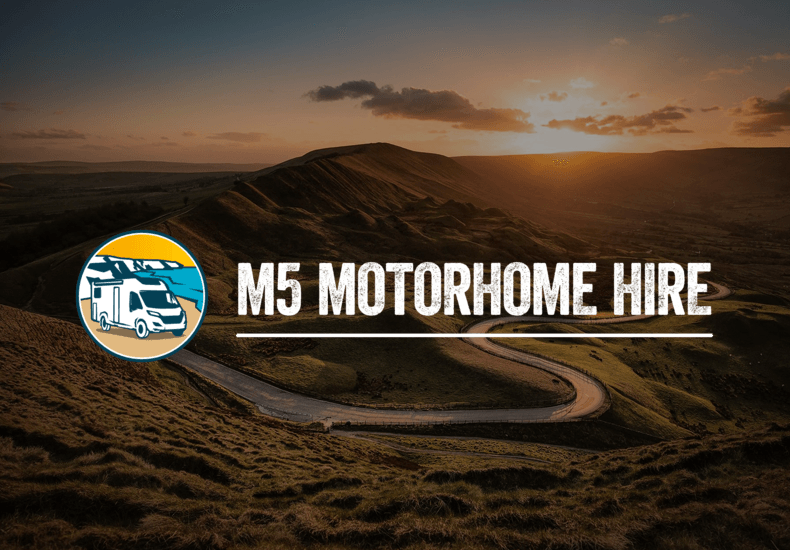 A logo for m5 motorhome hire with a mountain in the background