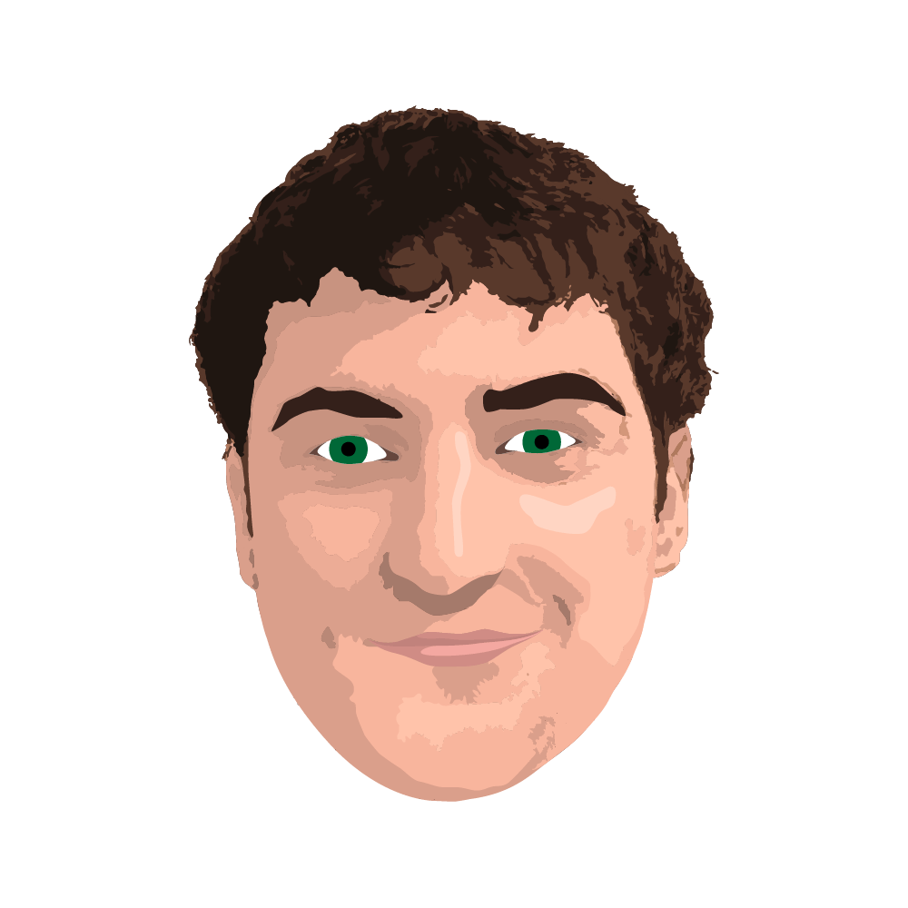 A pixel art drawing of a man 's face with green eyes