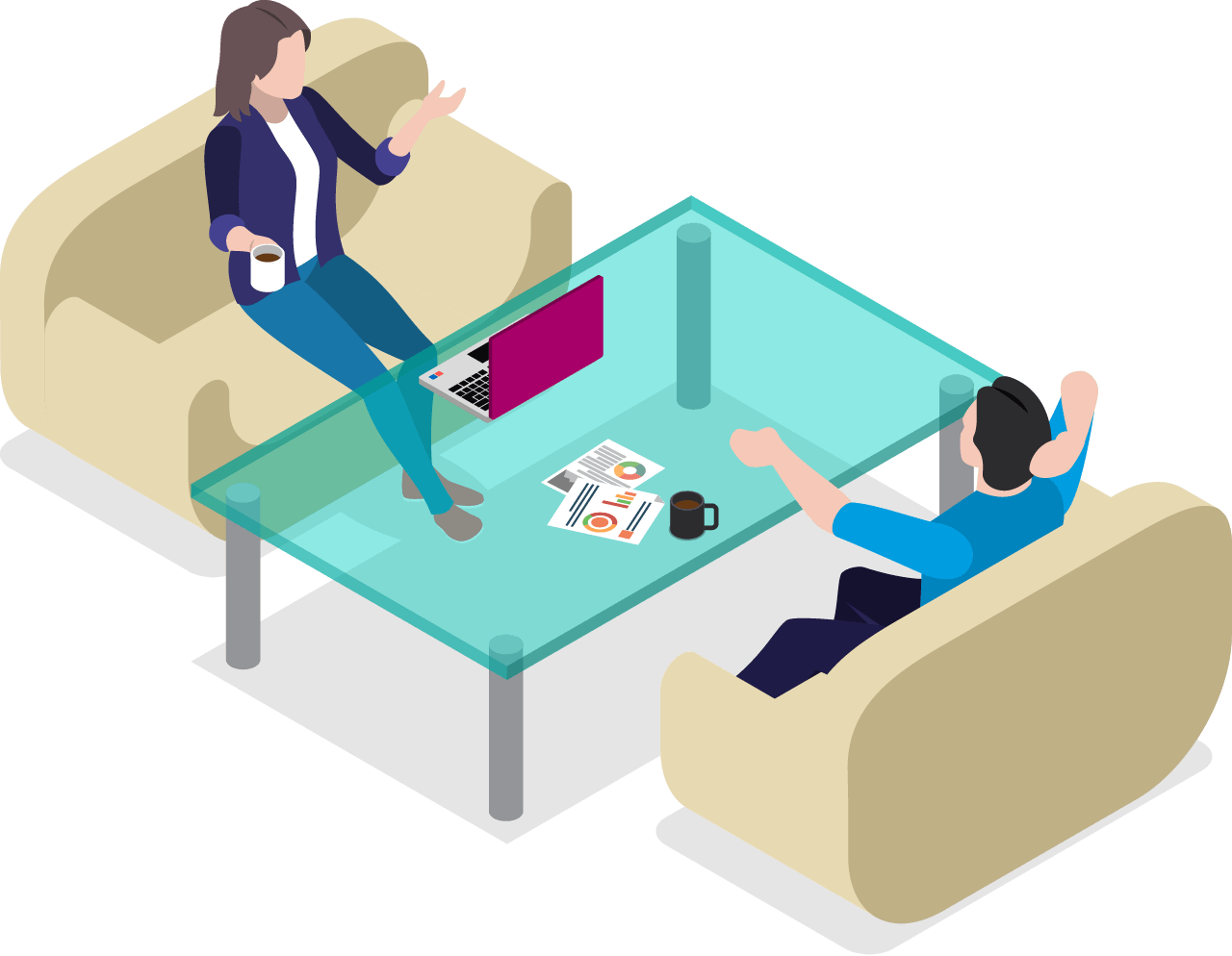 A man and a woman are sitting at a table with a laptop on it