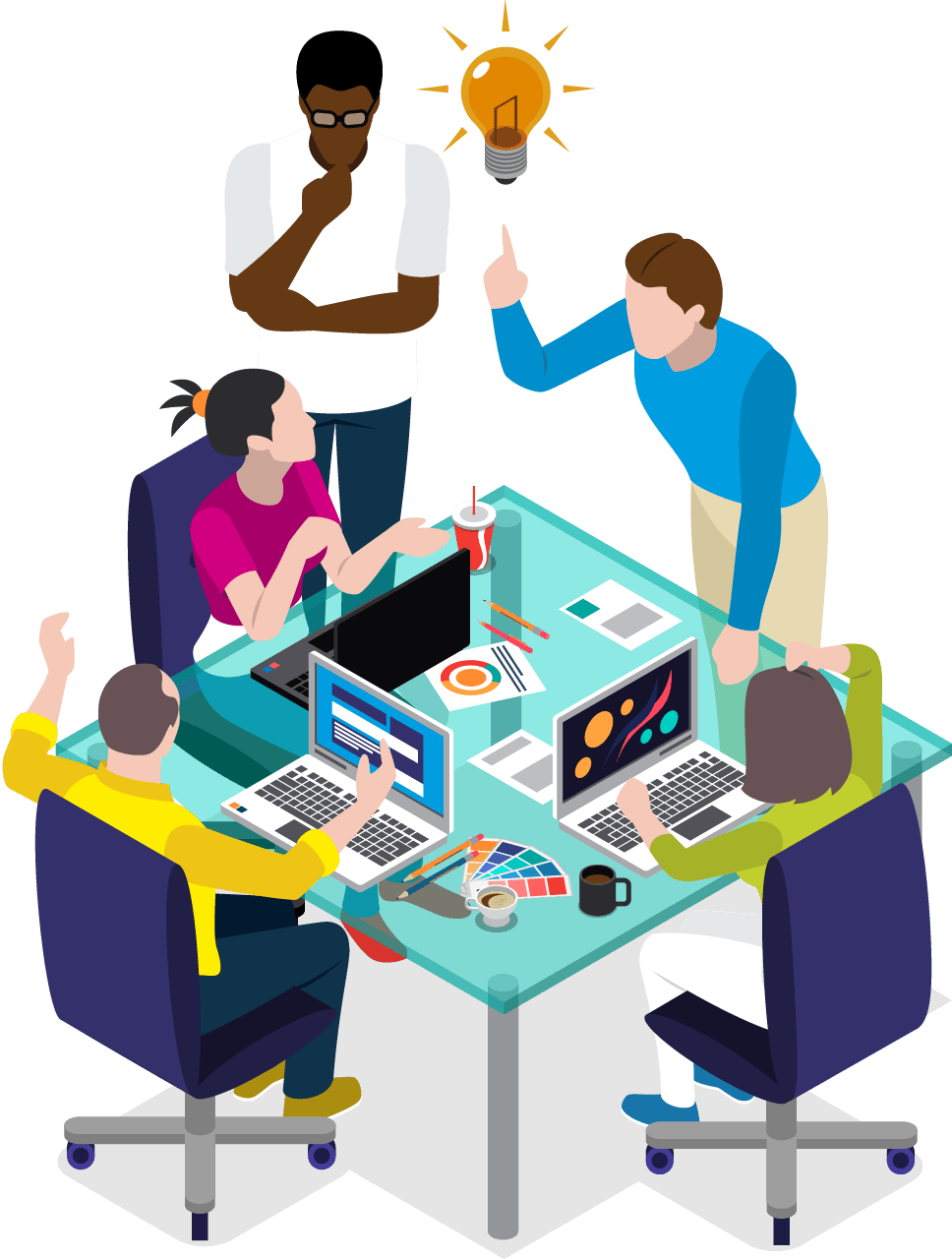 A group of people are sitting around a table with laptops