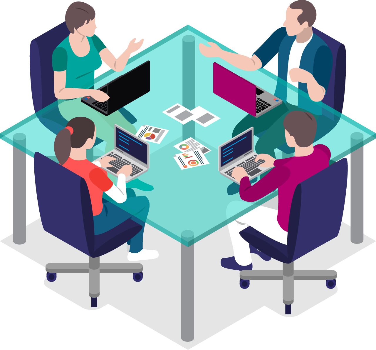 A group of people are sitting around a table with laptops