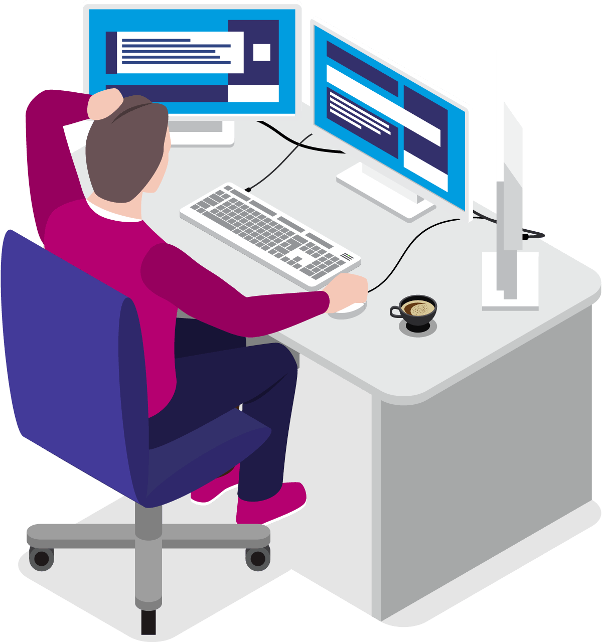 A man is sitting at a desk with two computer monitors and a cup of coffee.