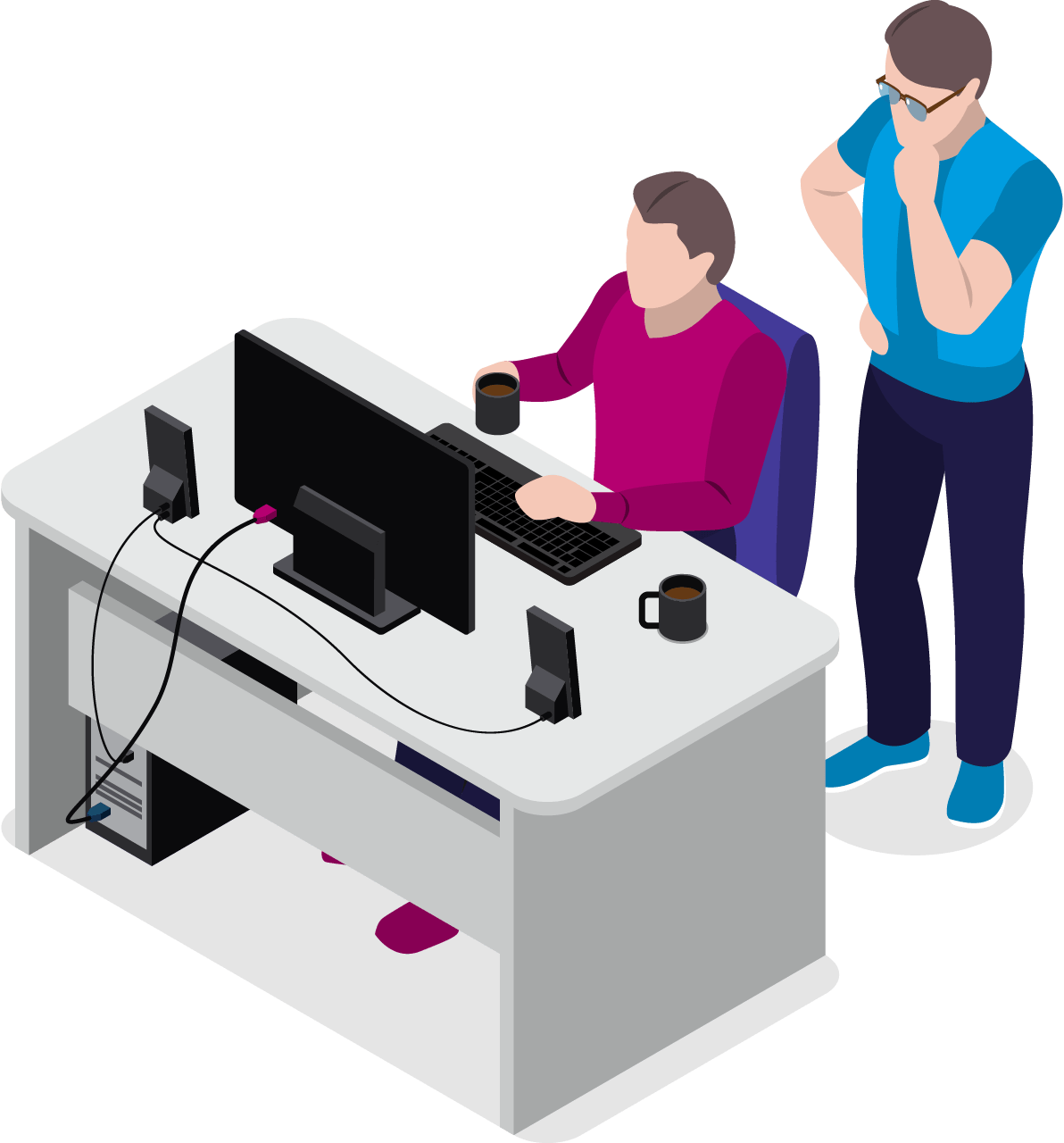 A man is standing next to a man sitting at a desk using a computer.