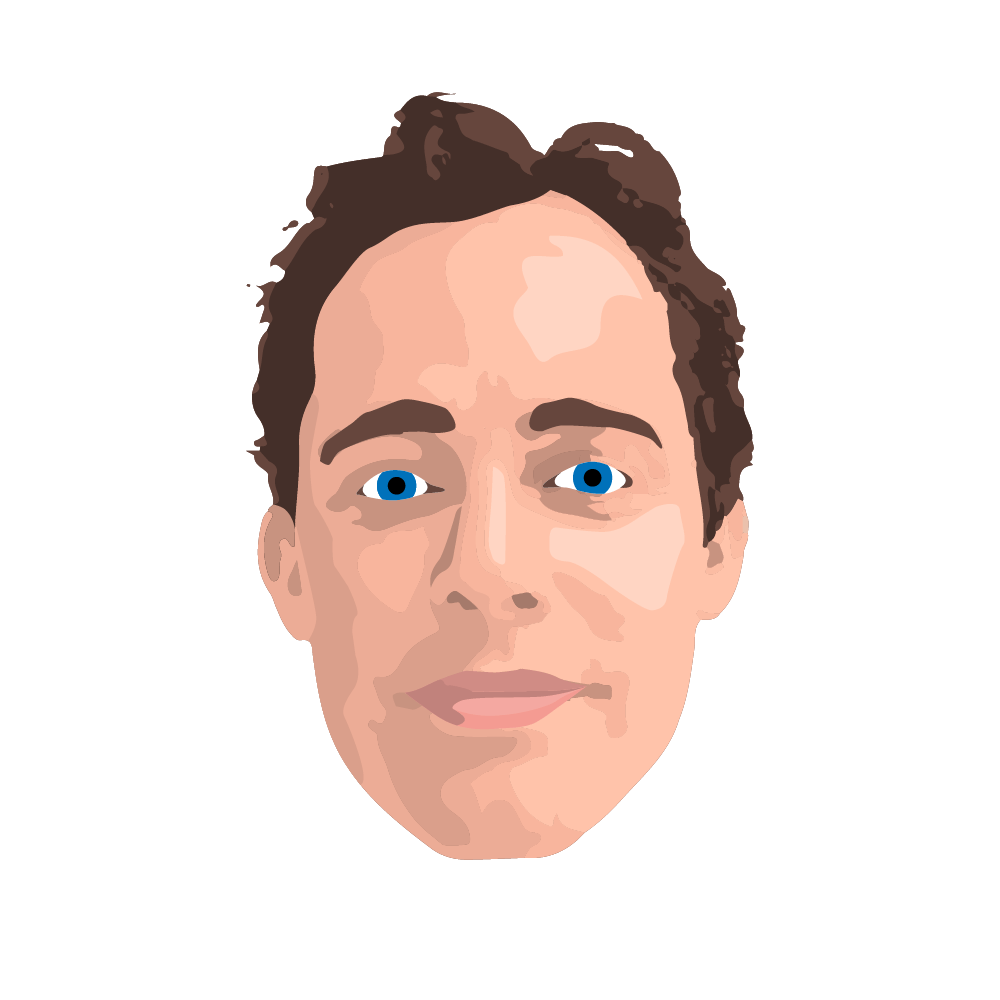 A pixel art drawing of a man 's face with blue eyes