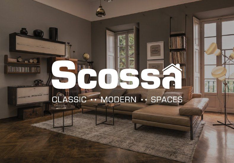 A living room with a couch and a rug and the words scorsa classic modern spaces