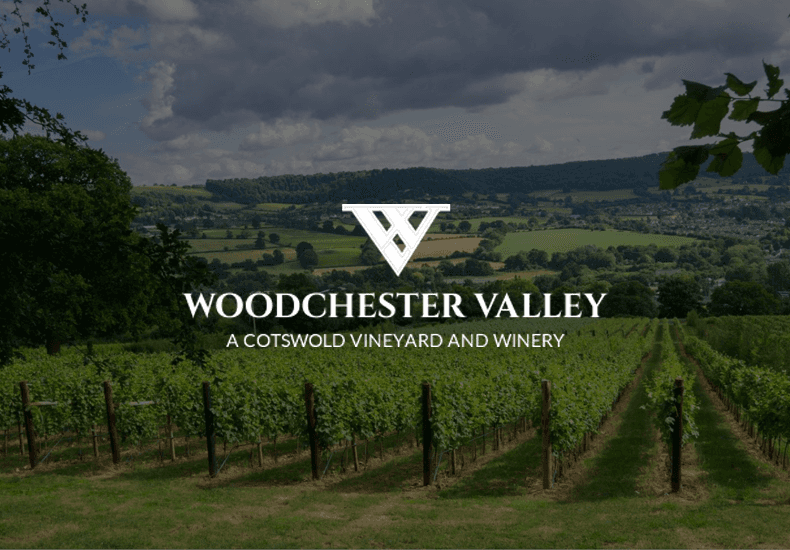 A logo for woodchester valley with a vineyard in the background