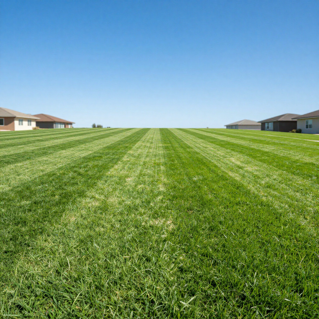 A vast, vibrant green lawn with crisp, freshly mowed stripes stretching toward suburban houses under a clear blue sky.