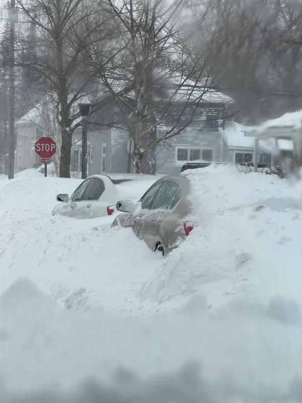 A white and red snowplow truck clearing a snow-covered suburban driveway on a sunny day.
