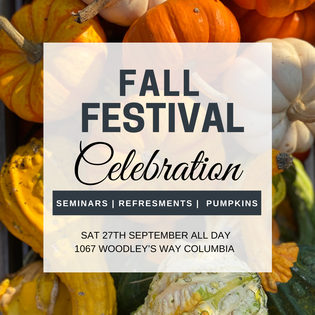 Fall Festival Celebration poster with pumpkins, seminars, refreshments, and the date, September 27th, at 1067 Woodley's Way Columbia.