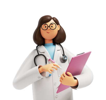 A cartoon doctor is holding a clipboard and a pen.