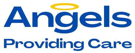 The logo for angels providing care is blue and yellow with a yellow halo.