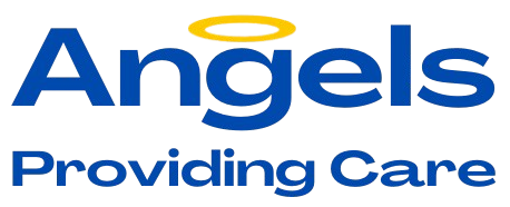 The logo for angels providing care is blue and yellow with a yellow halo.