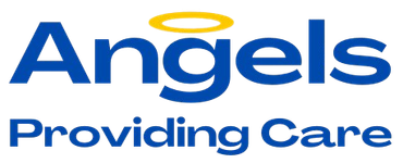 The logo for angels providing care is blue and yellow with a yellow halo.