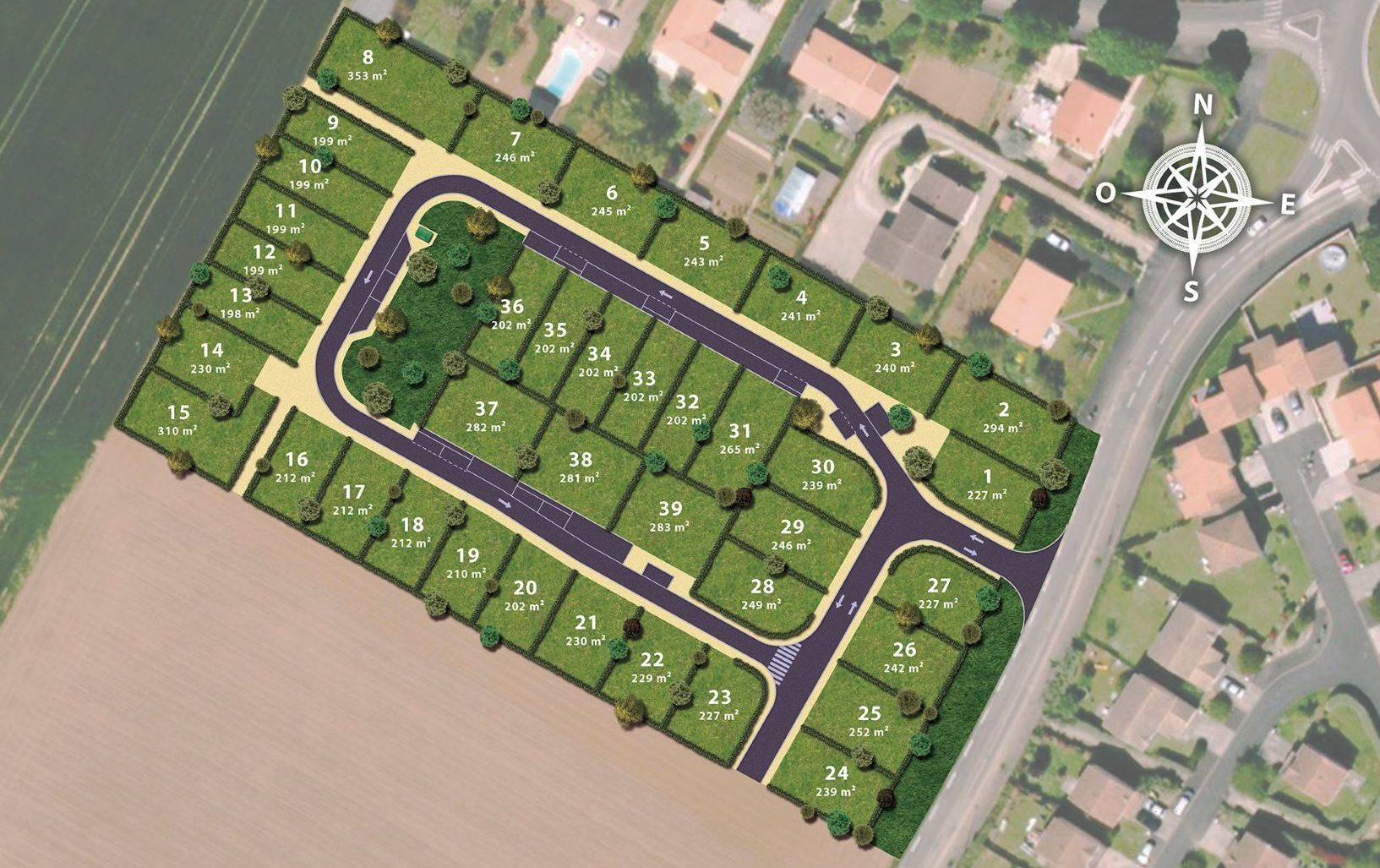 Une vue aérienne d'un quartier résidentiel avec beaucoup de maisons et d'arbres.