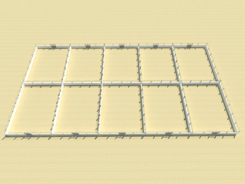 Un modèle 3D d'une clôture en fil de fer barbelé sur fond beige.