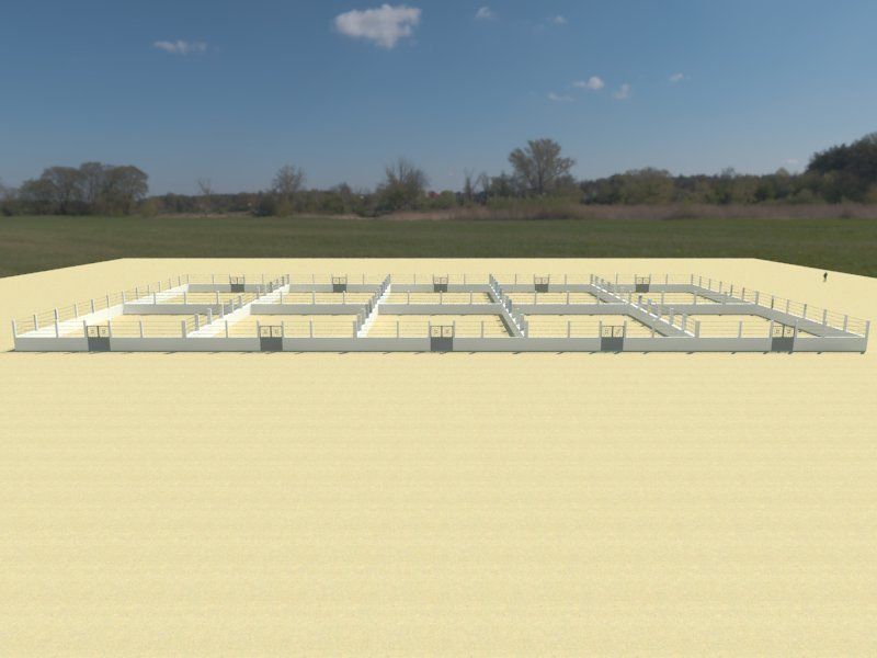 Un modèle 3D d'une fondation de maison dans un champ