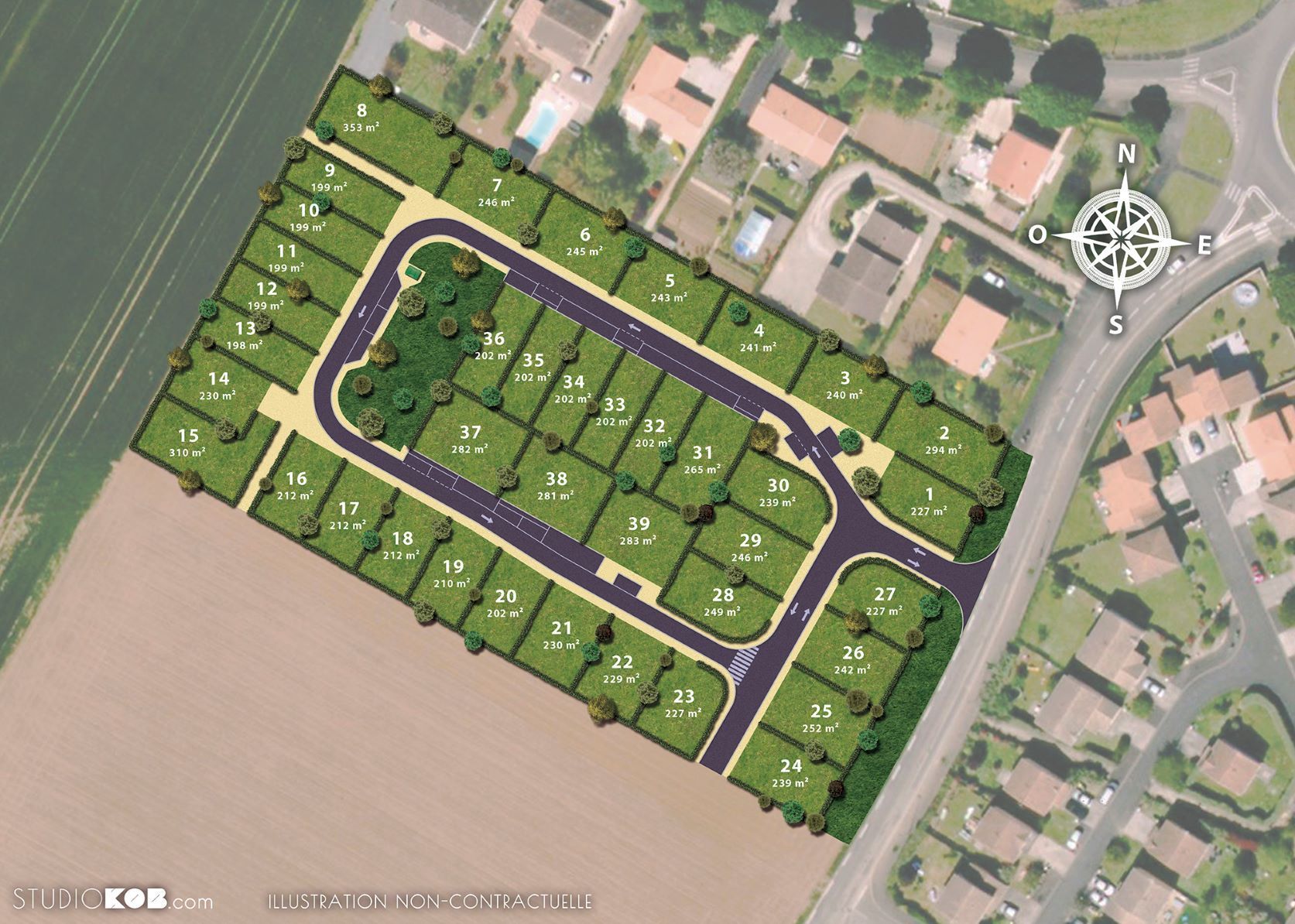 Une vue aérienne d'un quartier résidentiel avec beaucoup de maisons et d'arbres