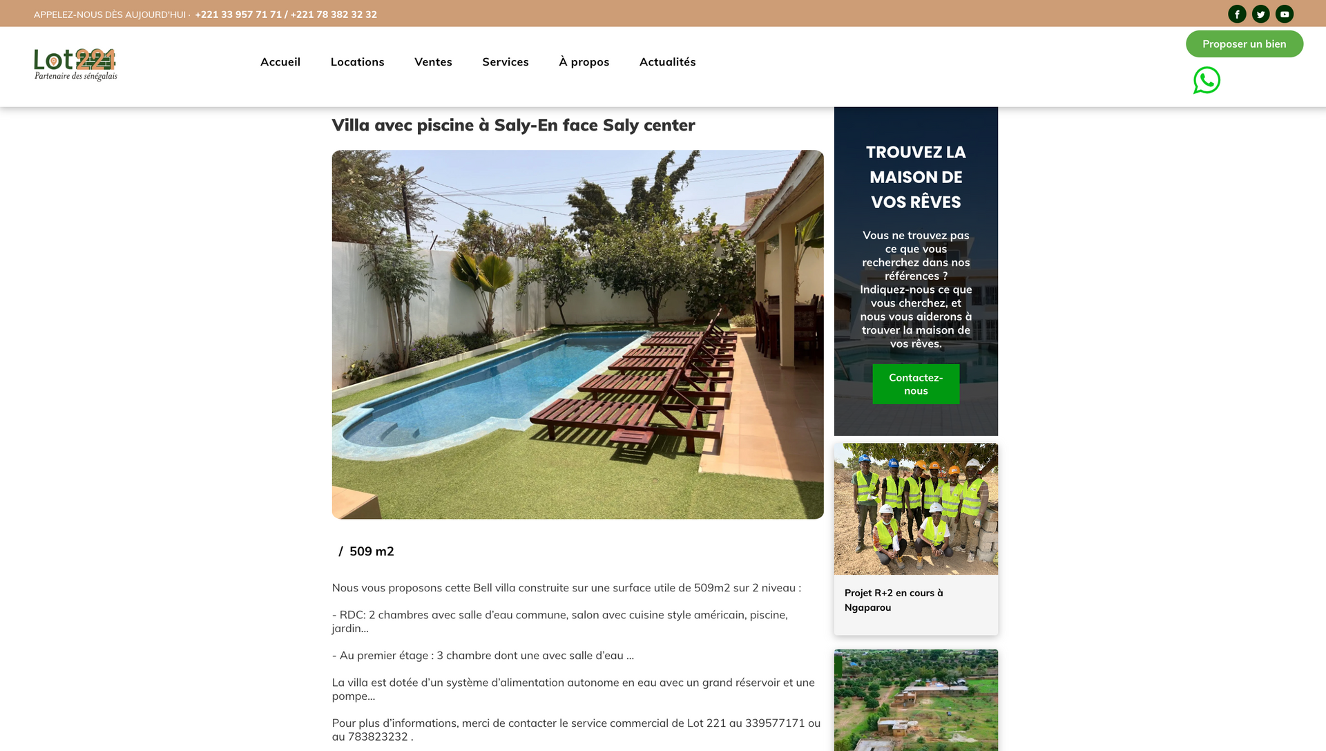 Une capture d'écran d'un site Web avec une photo d'une piscine.