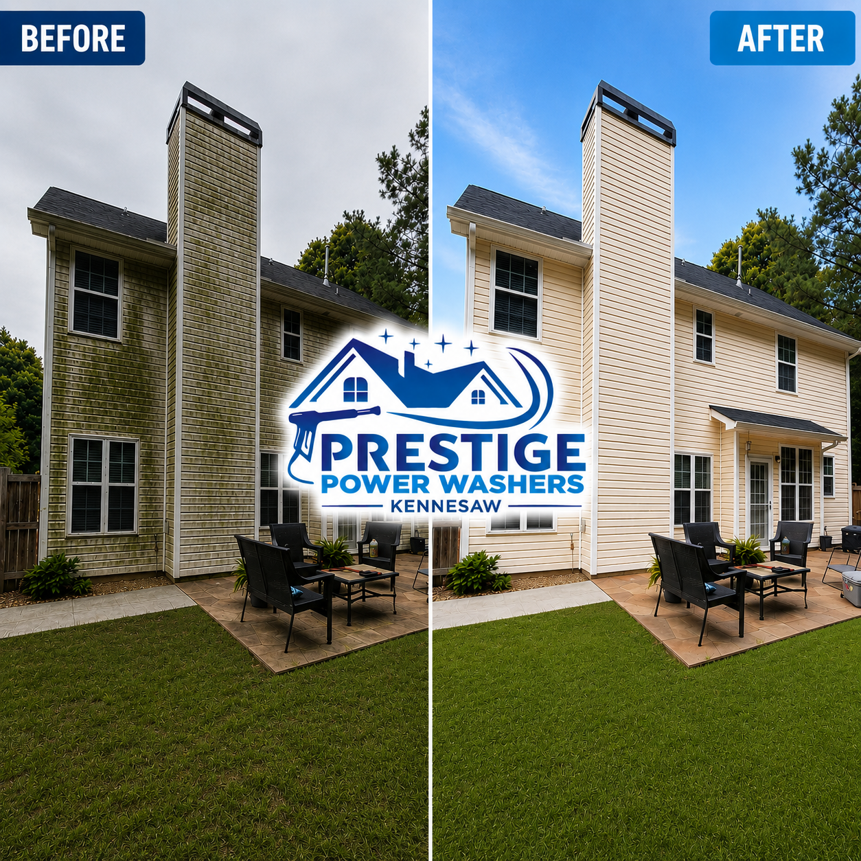 Before-and-after split of a house exterior showing power washing results, with “Prestige Power Washers” logo centered.