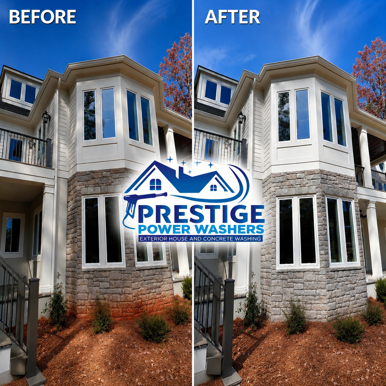 Before-and-after of a home exterior cleaning, with