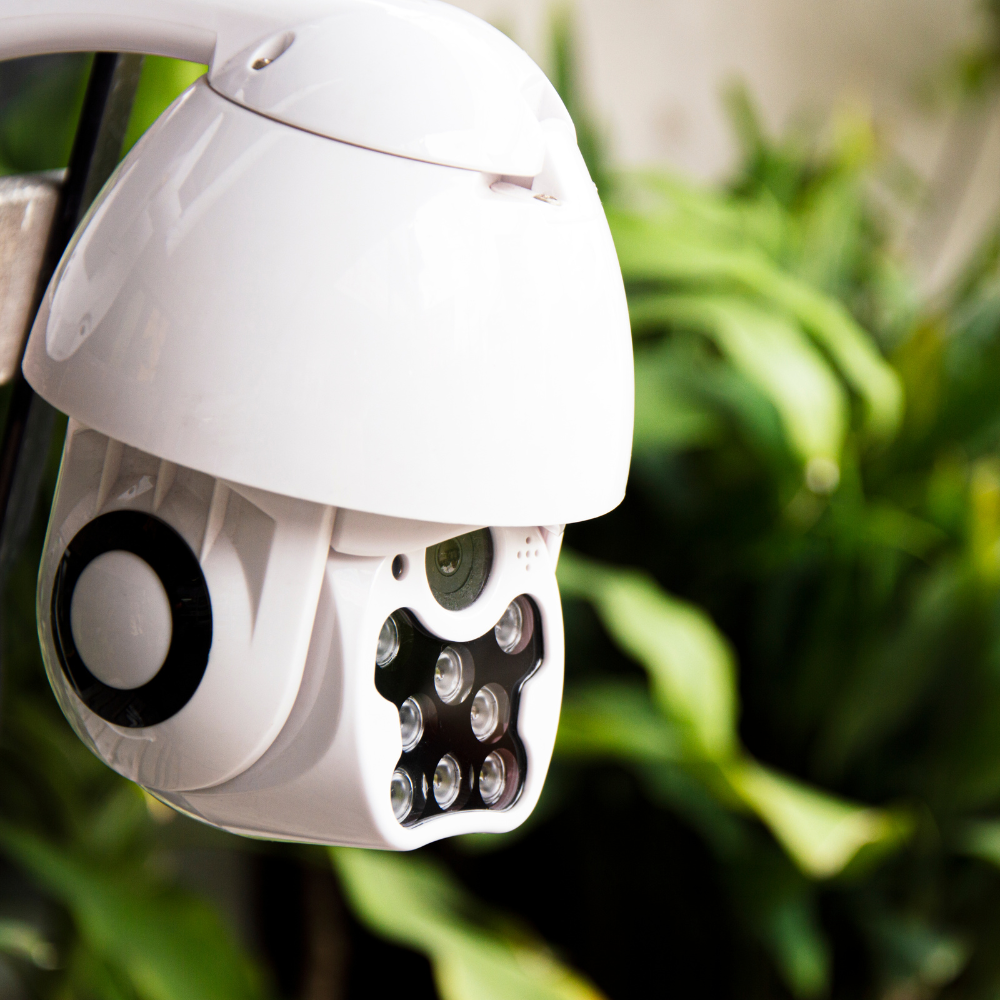 a white security camera with a paw print on it