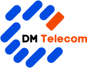a blue and orange logo for dm telecom