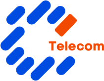 a blue and red logo for telecom with a white background
