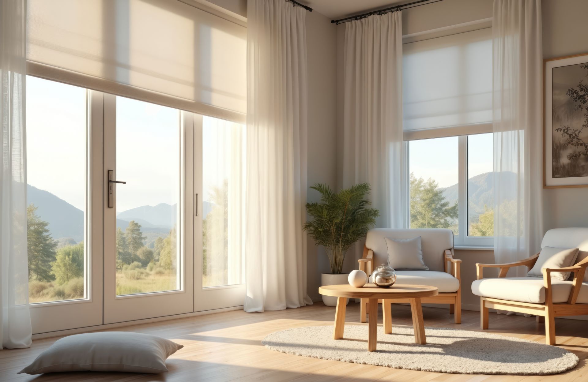 Bright living room with mountain view through windows, featuring white curtains, sheer blinds, and a wooden coffee table.