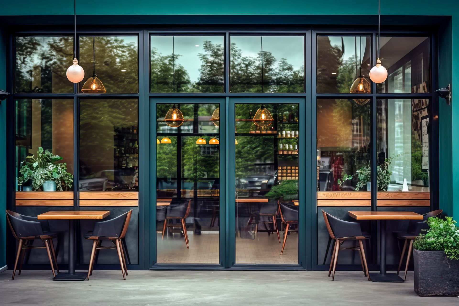Exterior of a teal-colored cafe with large glass windows and doors, outdoor seating with black chairs