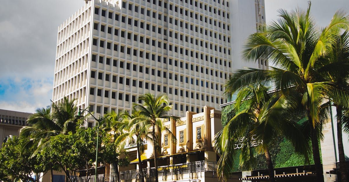 A tall building with palm trees in front of it