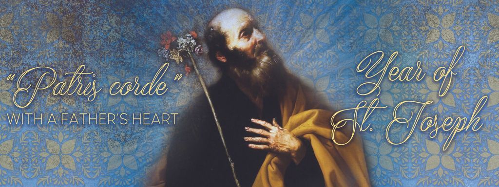 Religious banner with a bearded man in a blue background, gold script, and a cross icon